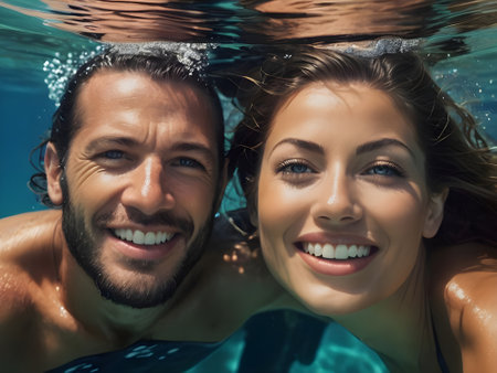 Portrait of happy young couple underwater in swimming pool, looking at cameraの素材