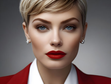 Portrait of beautiful young woman with red lips and professional make-upの素材