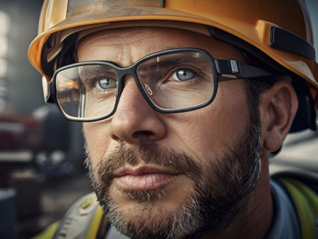 Portrait of a bearded man in a hard hat and glasses.の素材