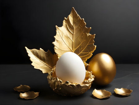 Golden egg in a golden eggcup on a black background. Happy Easter.の素材