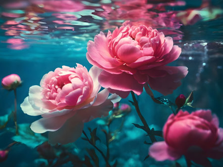 Beautiful pink peony flowers in the water. Floral backgroundの素材