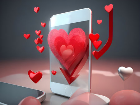 Smartphone with red hearts on the screen. 3D illustration.の素材