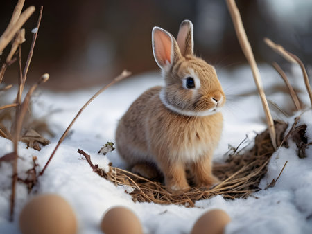 Cute little rabbit sitting in the nest with eggs in winter.の素材