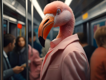 Flamingo in a subway car. Portrait of a flamingo.の素材