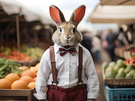 Rabbit with bow tie on the background of the vegetable market.の素材