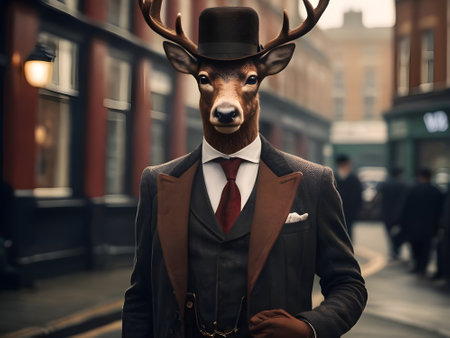 Retro style portrait of a deer wearing a bowler hat.の素材