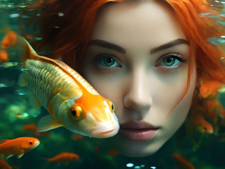 Beautiful redhead girl and goldfish in the aquarium. 3d renderingの素材