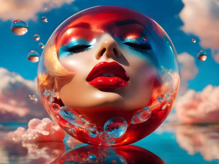 beautiful woman with red lips in a glass ball on a background of cloudsの素材
