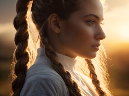 Portrait of a beautiful girl with long braids in the rays of the setting sun.の素材