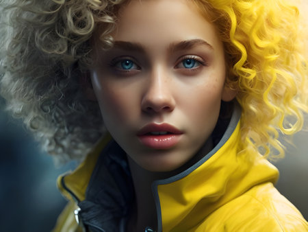 Portrait of a beautiful young woman with blond curly hair in a yellow jacketの素材