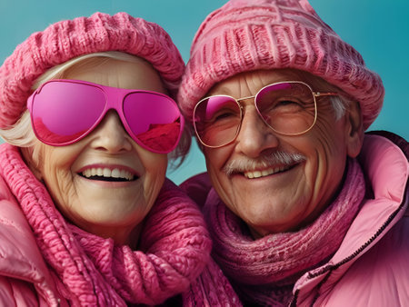Portrait of happy senior couple in pink knitted hats and scarvesの素材