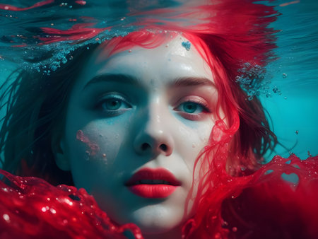 Beautiful girl with red hair underwater in the water. Beauty, fashion.の素材