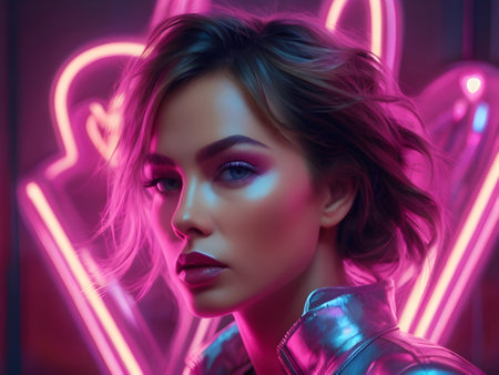 Fashionable portrait of a beautiful young woman in neon light.の素材