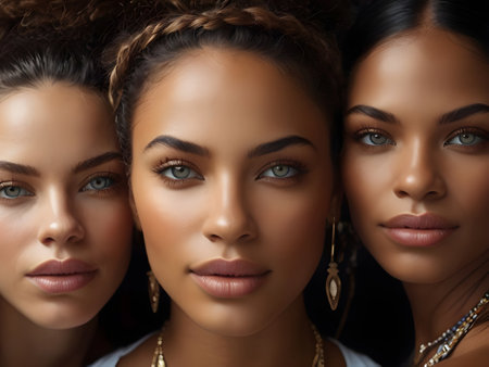 Portrait of three multiethnic women with makeup and hairstyleの素材