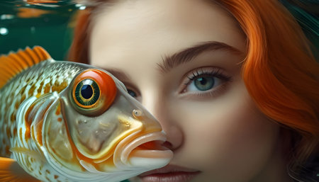 beautiful young woman with a fish in the aquarium. 3d renderingの素材