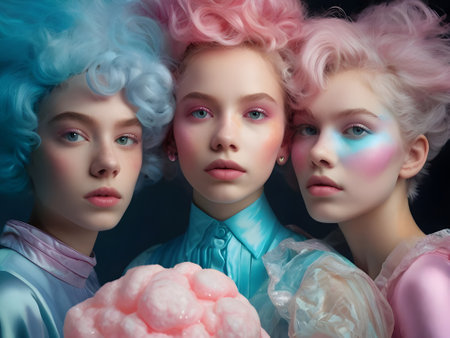 fashion studio photo of beautiful girls with blond hair and bright makeup, posing with cotton candyの素材