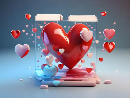 3d render of mobile phone with red heart and flying hearts on blue backgroundの素材
