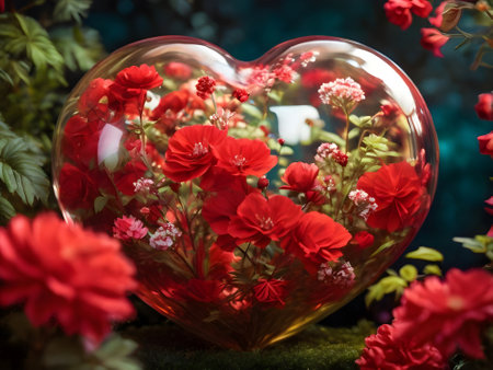 Heart-shaped glass vase with red flowers on green moss.の素材