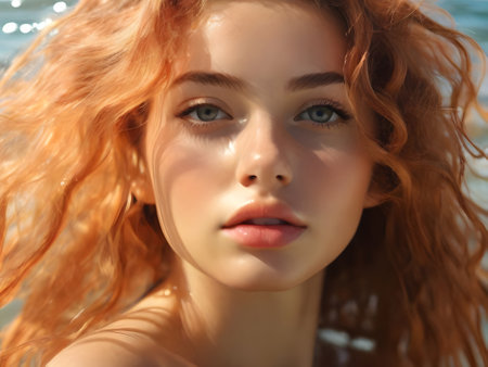 portrait of a beautiful young girl with red hair on the beachの素材