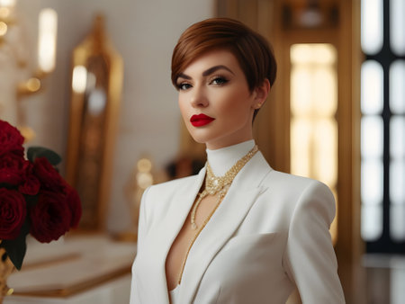 Portrait of a beautiful young woman in a white suit with red lips.の素材