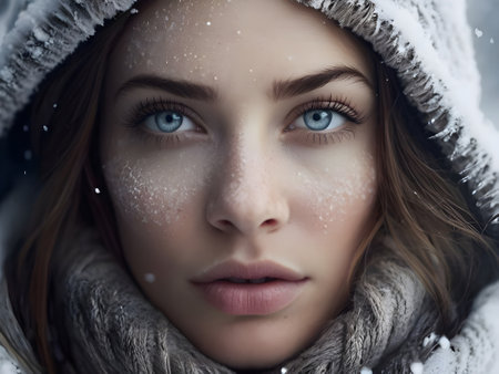 Winter portrait of a beautiful girl with snow on her face, close-upの素材