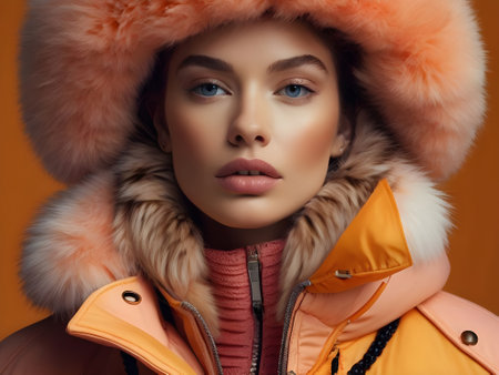 Fashion portrait of young beautiful woman in winter coat and fur hat.の素材