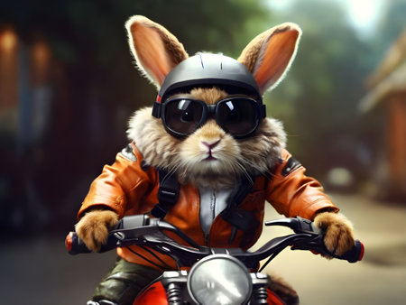 Rabbit in a leather jacket and helmet on a motorbike.の素材