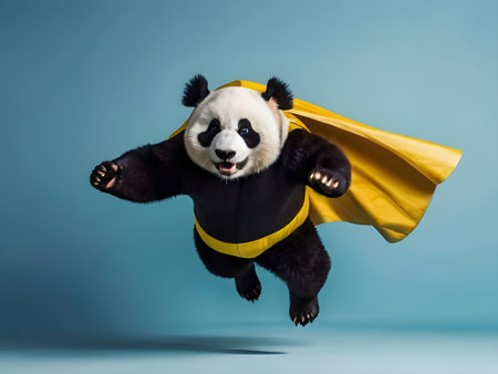 Superhero panda in yellow cape flying on blue background. Funny animal character.の素材