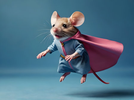 Cute little mouse in superhero costume on blue background. Concept of super hero.の素材
