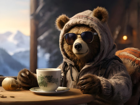 Teddy bear in warm clothes and sunglasses with a cup of tea on the background of mountainsの素材