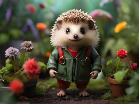 Hedgehog in a green jacket on a background of flowers.の素材