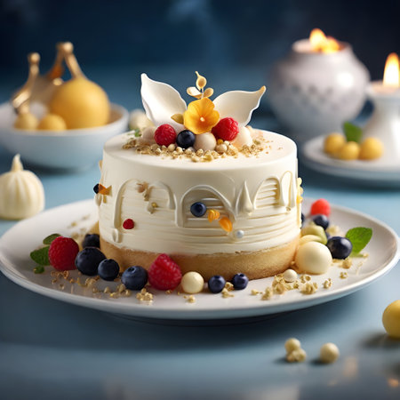 Cake with cream and berries on a blue background. Selective focus.の素材