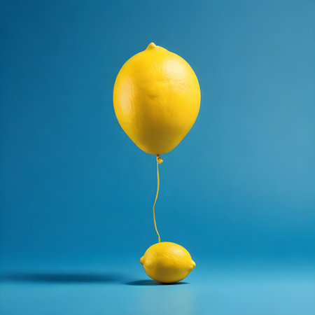 Lemon floating on a balloon on a blue background. Minimal concept.の素材