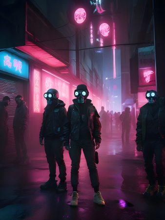 Group of masked people walk through the night city during the COVID-19 pandemic.の素材