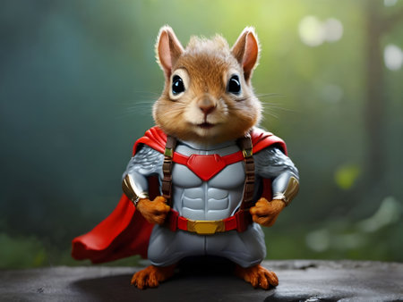 3d illustration of a cute squirrel dressed up as a superhero.の素材