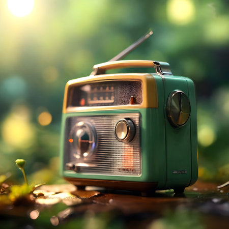 Retro radio on the grass in the garden. Vintage style.の素材