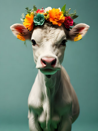 Cute white cow with a wreath of flowers on her headの素材