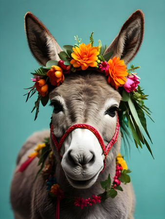 Portrait of a funny donkey wearing a wreath of flowers.の素材