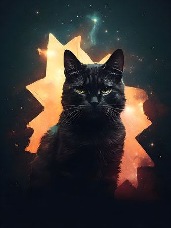 Black cat with yellow eyes on a background of the starry skyの素材