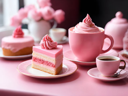 Cup of coffee and pink cakes on pink tablecloth, closeupの素材