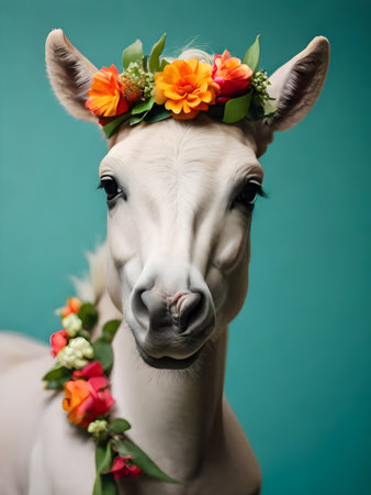 Beautiful white horse with a wreath of flowers on his headの素材