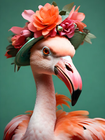 Flamingo wearing a hat and flower wreath on green backgroundの素材