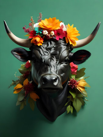 Cow head with flower wreath on green background. Symbol of 2021の素材