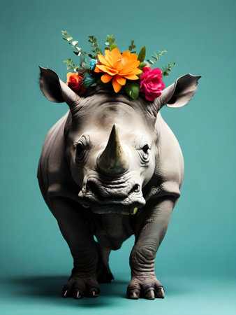 White rhinoceros with flower wreath on her head.の素材