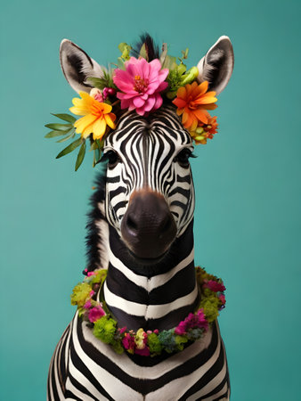 Zebra decorated with flowers and leaves, isolated on blue background.の素材