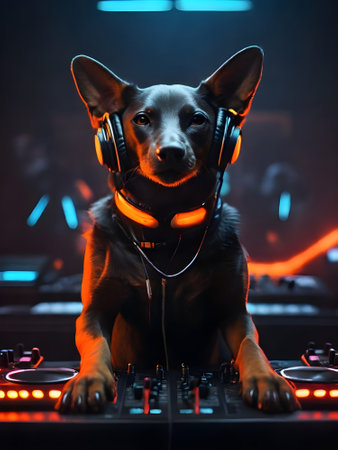 Dj mixes the track in the nightclub with headphones. The dog is sitting on the dj's deck.の素材