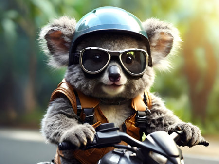 Cute koala in motorcycle helmet and sunglasses on the road.の素材