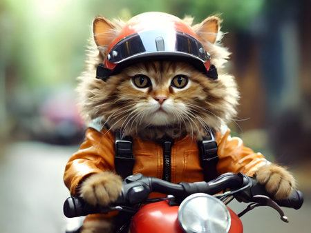 Cute maine coon kitten in motorcycle helmet on blurred backgroundの素材