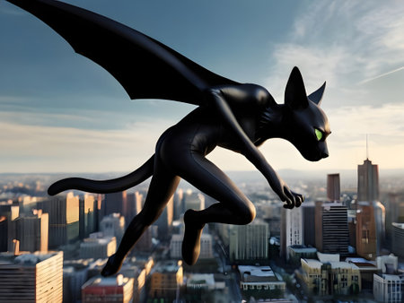 Black cat flying in the city. 3D rendered Illustration.の素材