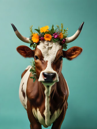 Cow with a wreath of flowers on her head on a blue backgroundの素材